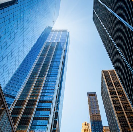 Skyscrapers skyline in New York City, the USA. Downtown highrise buildings on a sunny day.
